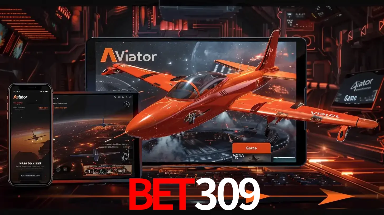 Apresentação tecnológica do jogo Aviator com um avião saindo da tela de um tablet, demonstrando a experiência imersiva em múltiplos dispositivos no bet309.