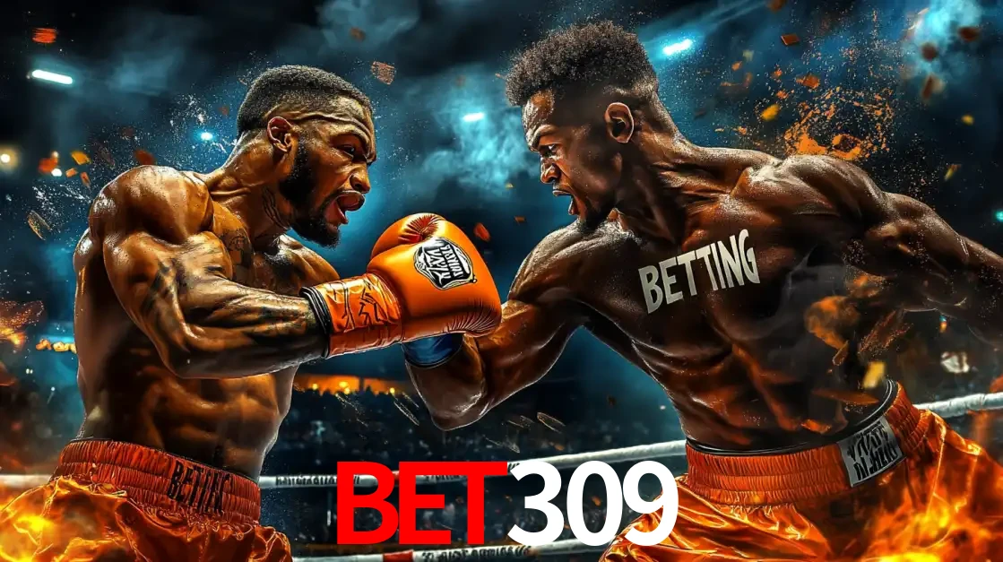 Dois boxeadores em uma luta intensa e explosiva, representando a adrenalina e as oportunidades de apostas em esportes de combate disponíveis na plataforma bet309.