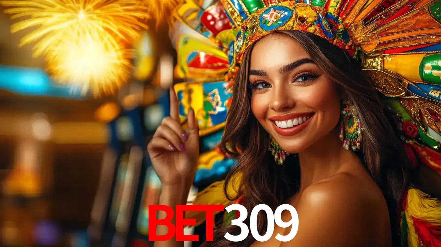 Mulher sorridente com um cocar de carnaval vibrante e colorido, celebrando uma grande vitória nos jogos do cassino bet309 com fogos de artifício ao fundo.
