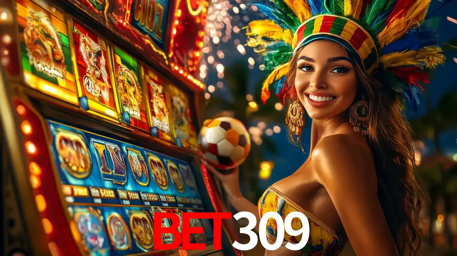 Mulher com um cocar de carnaval ao lado de uma máquina de caça-níqueis enquanto segura uma bola de futebol, mostrando a união da diversão de cassino e esportes no bet309.