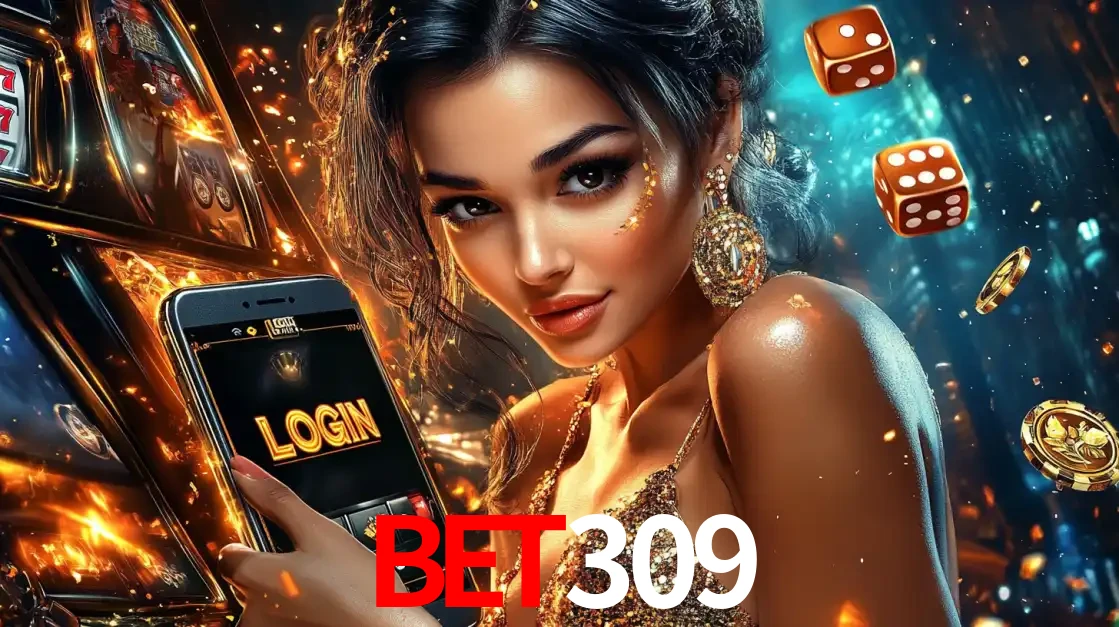 Mulher glamourosa segurando um celular com a tela de login do cassino bet309, rodeada por dados e moedas douradas, pronta para começar a diversão.