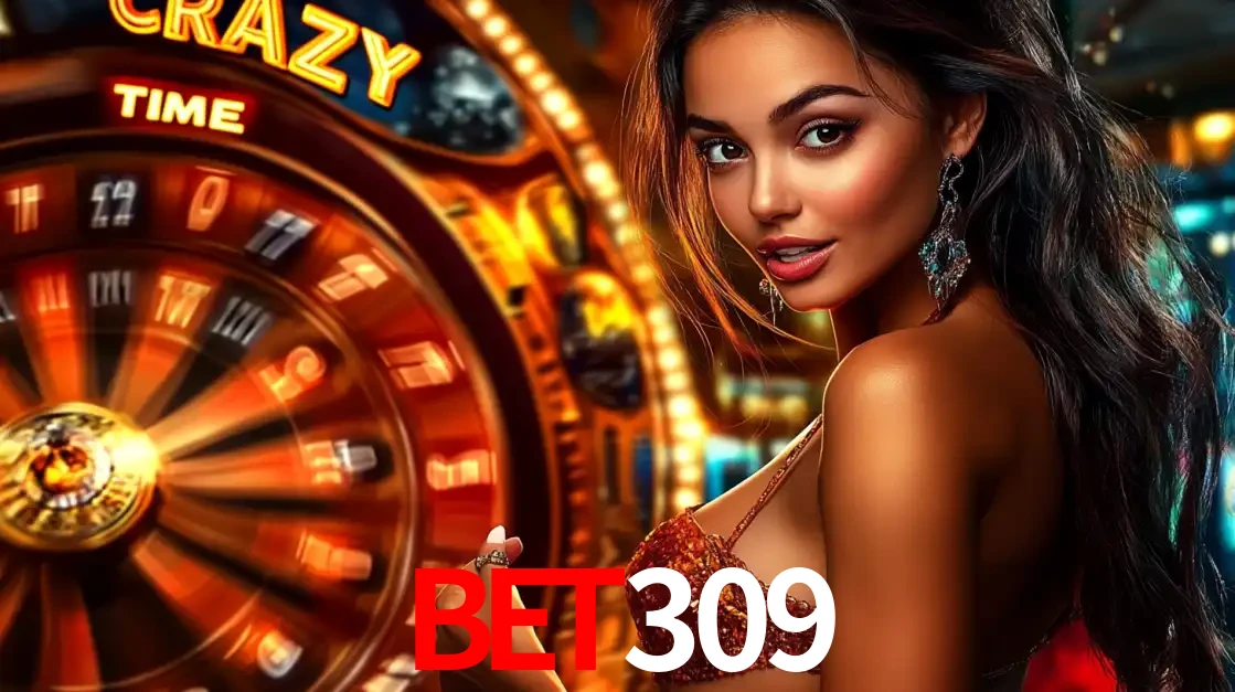 Mulher ao lado da roda de prêmios do jogo de cassino ao vivo Crazy Time, um dos shows de jogos mais emocionantes oferecidos pela plataforma de apostas bet309.