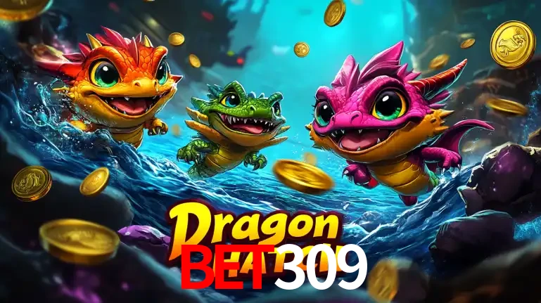 Arte promocional do jogo Dragon Hatch com três adoráveis dragões bebês nadando entre moedas de ouro, um dos slots mais divertidos para jogar no cassino bet309.