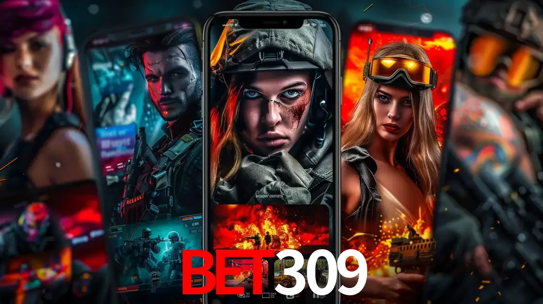 Montagem de telas de celular mostrando diversos personagens, masculinos e femininos, de um jogo de tiro, ilustrando a diversidade de equipes de e-sports para apostar no bet309.