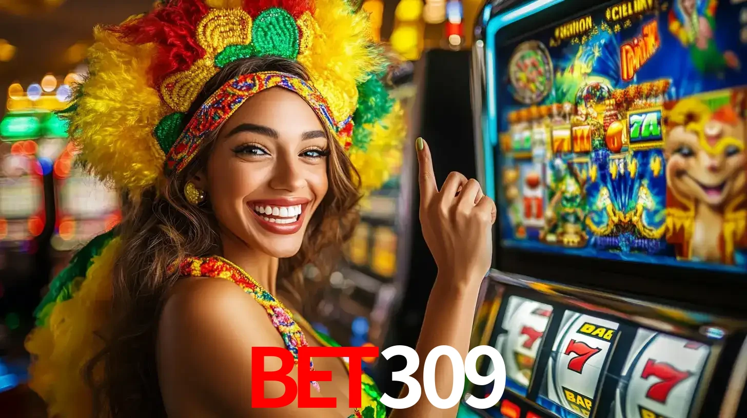 Mulher animada com um cocar de carnaval apontando para uma máquina de caça-níqueis, mostrando a emoção de ganhar um grande prêmio nos jogos do bet309.