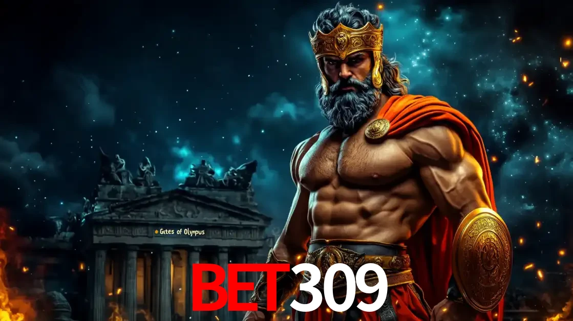 O poderoso Zeus do jogo de slot Gates of Olympus em frente ao seu templo, pronto para lançar multiplicadores divinos e prêmios épicos no cassino online bet309.