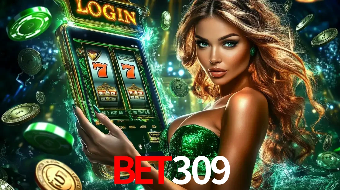 Mulher com tema verde apresentando o aplicativo do cassino bet309 com um jogo de slot de 777, cercada por fichas de cassino e uma aura de sorte.
