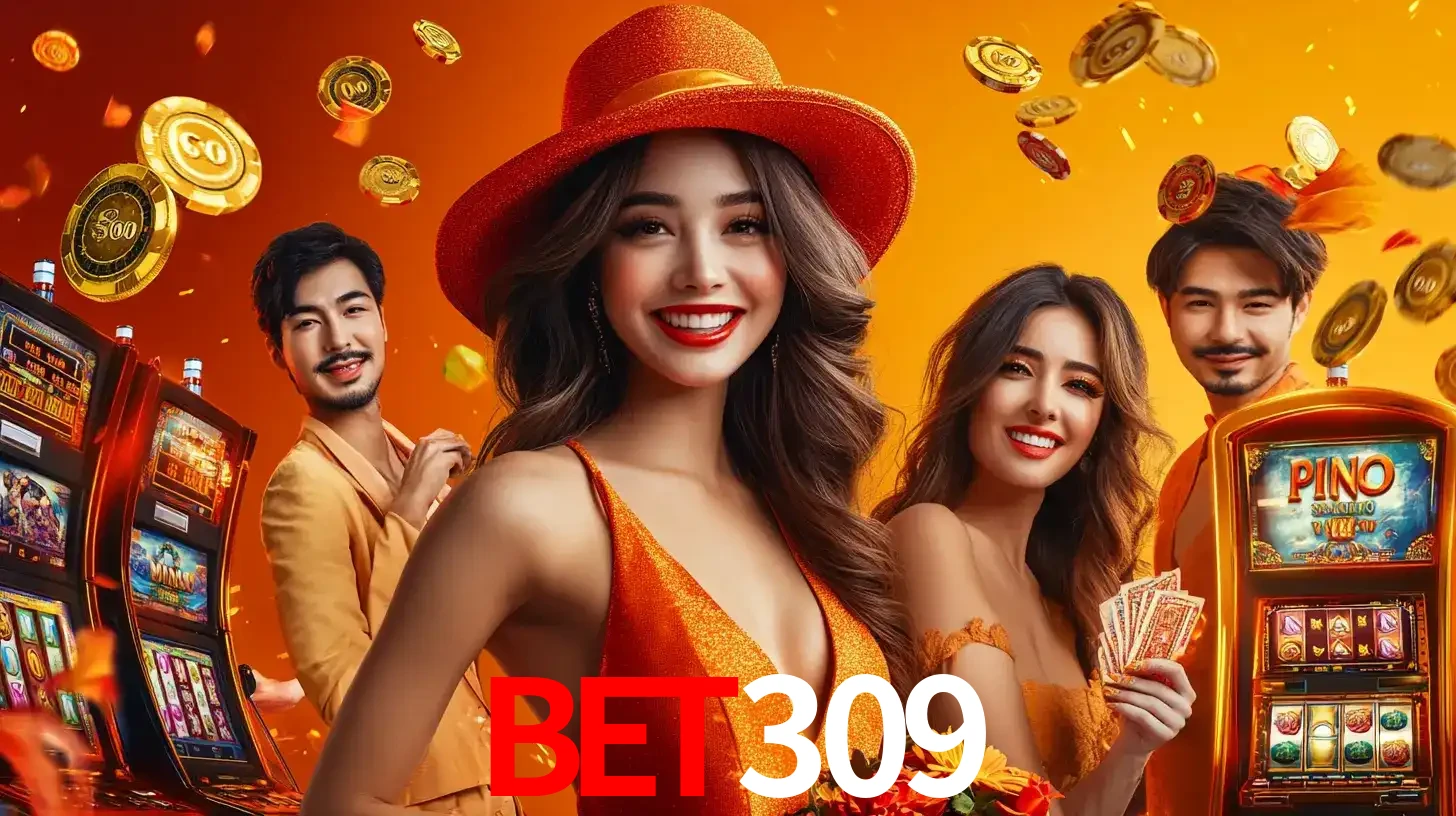 Grupo de amigos asiáticos sorrindo e se divertindo com máquinas de caça-níqueis em um ambiente festivo, celebrando suas vitórias nos jogos de cassino do bet309.