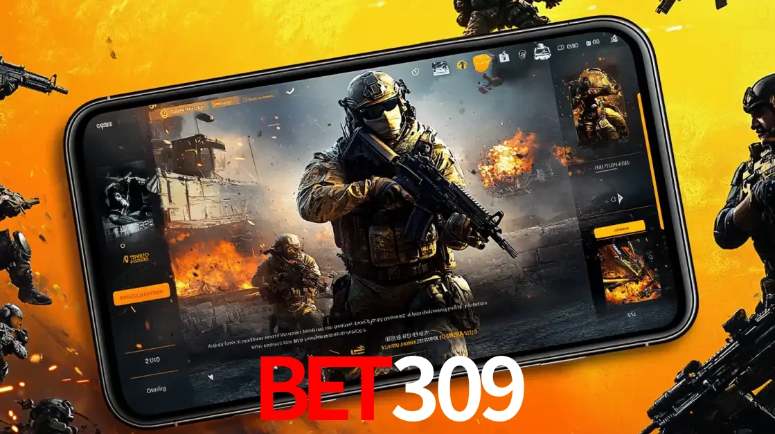 Um smartphone exibindo a interface de um jogo de tiro em primeira pessoa, com um soldado em um cenário de batalha, representando a ação dos e-sports para apostar no bet309.