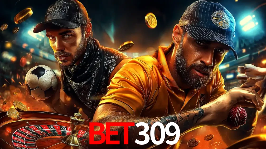 Montagem de apostas esportivas e cassino no bet309, com um homem segurando uma bola de futebol e outro uma de beisebol sobre uma roleta e moedas voadoras.