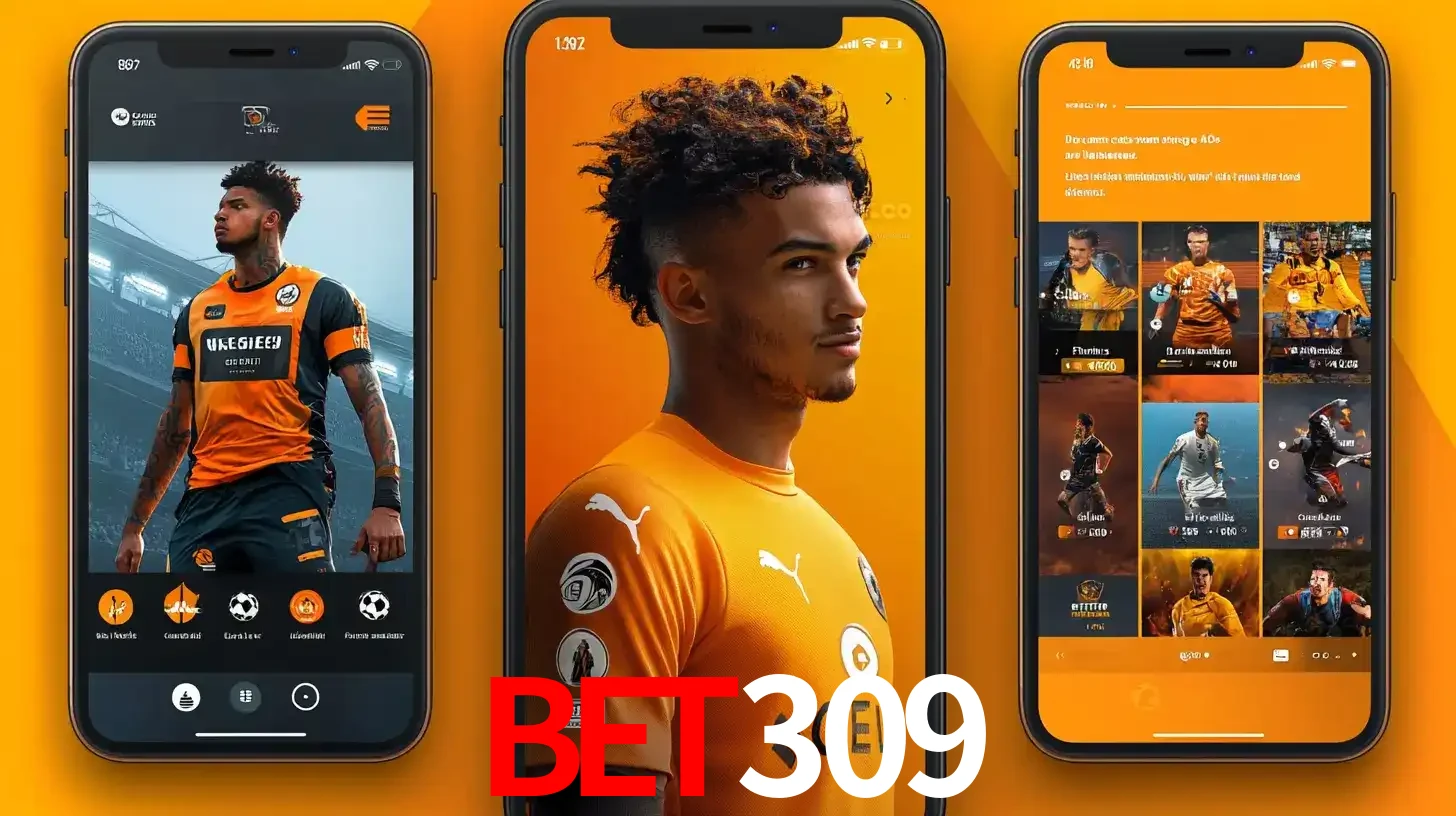 Interface do aplicativo de apostas esportivas bet309 em três telas de celular, mostrando o perfil de um jogador de futebol e a lista de jogos disponíveis para apostar.