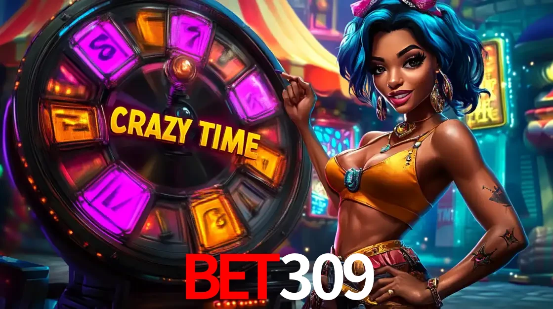 Mulher estilizada com cabelo azul e visual vibrante posando ao lado da roda de prêmios do game show Crazy Time, convidando para a diversão e os bônus do cassino bet309.