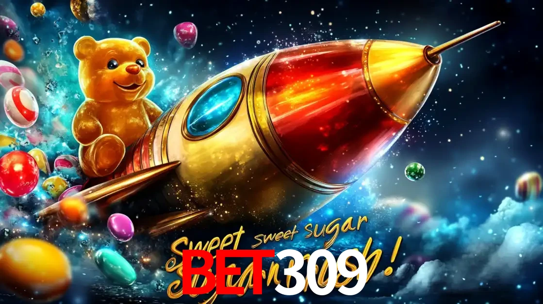 Arte promocional do jogo de slot Sugar Rush, com um urso de pelúcia em um foguete viajando pelo espaço de doces, um dos jogos divertidos disponíveis no cassino bet309.