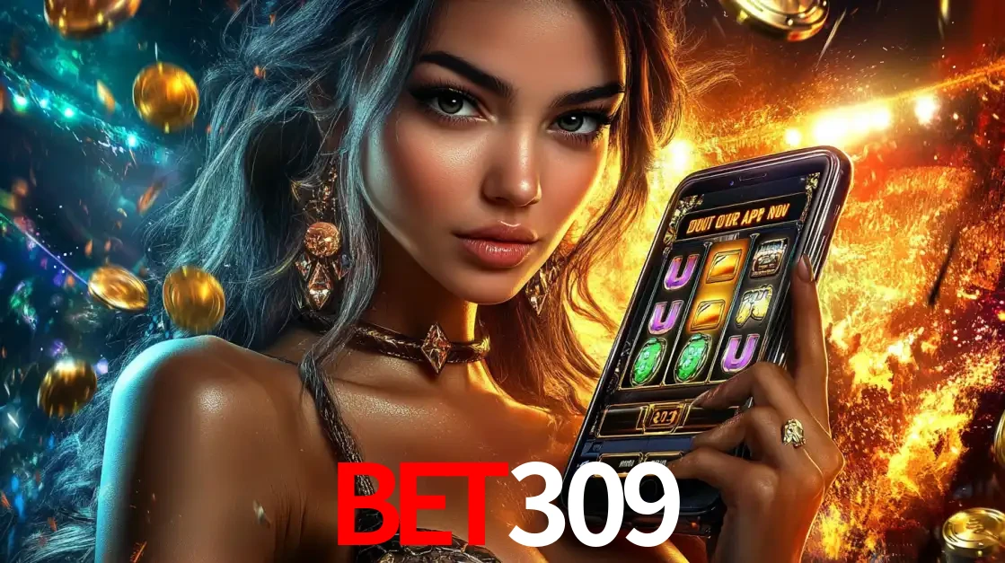 Mulher elegante mostrando um jogo de caça-níqueis em seu smartphone, destacando a experiência de cassino móvel oferecida pelo aplicativo bet309.