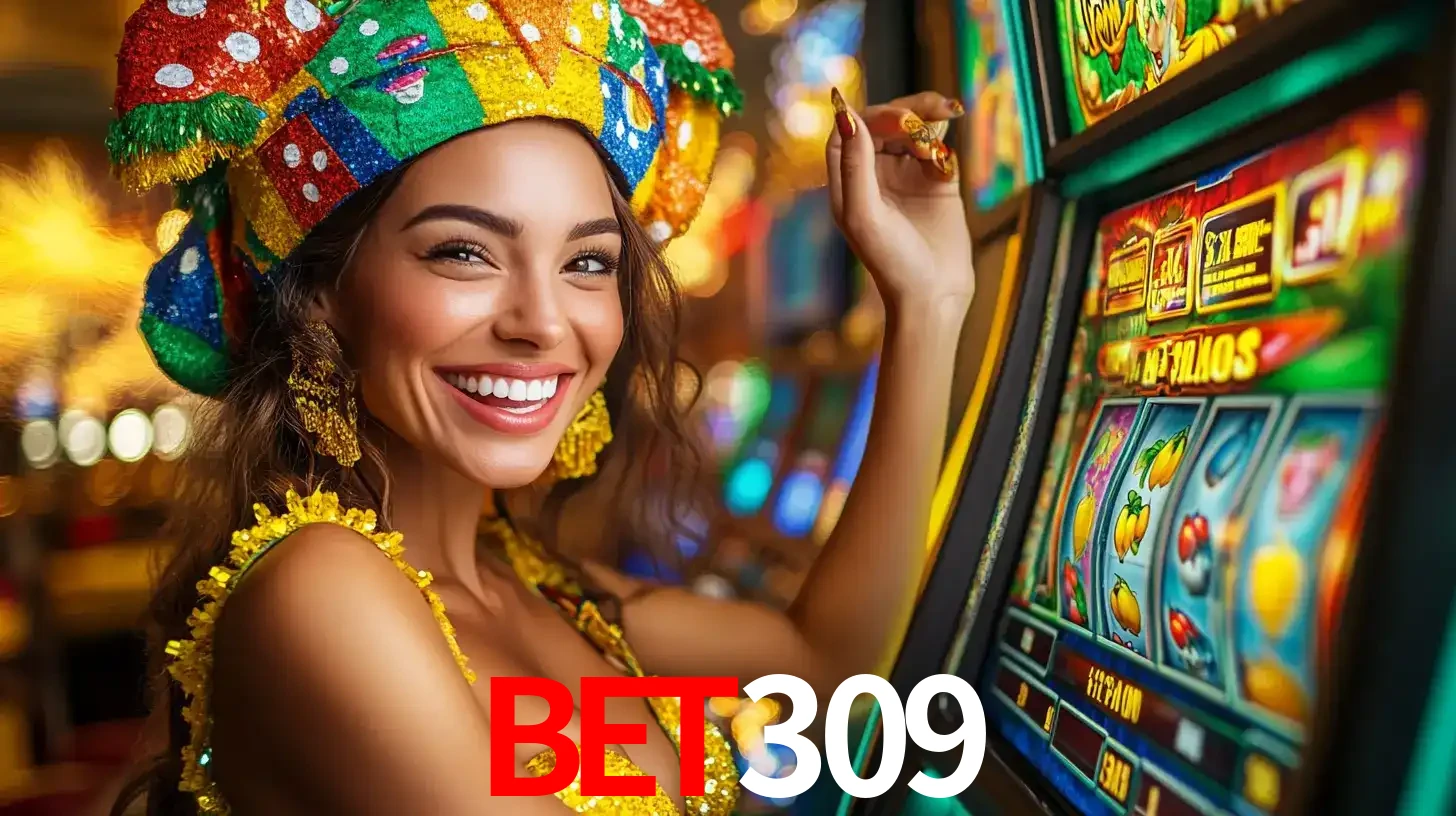 Mulher feliz com traje de carnaval amarelo e colorido ao lado de uma máquina de caça-níqueis, aproveitando a diversão e os jogos temáticos do cassino bet309.