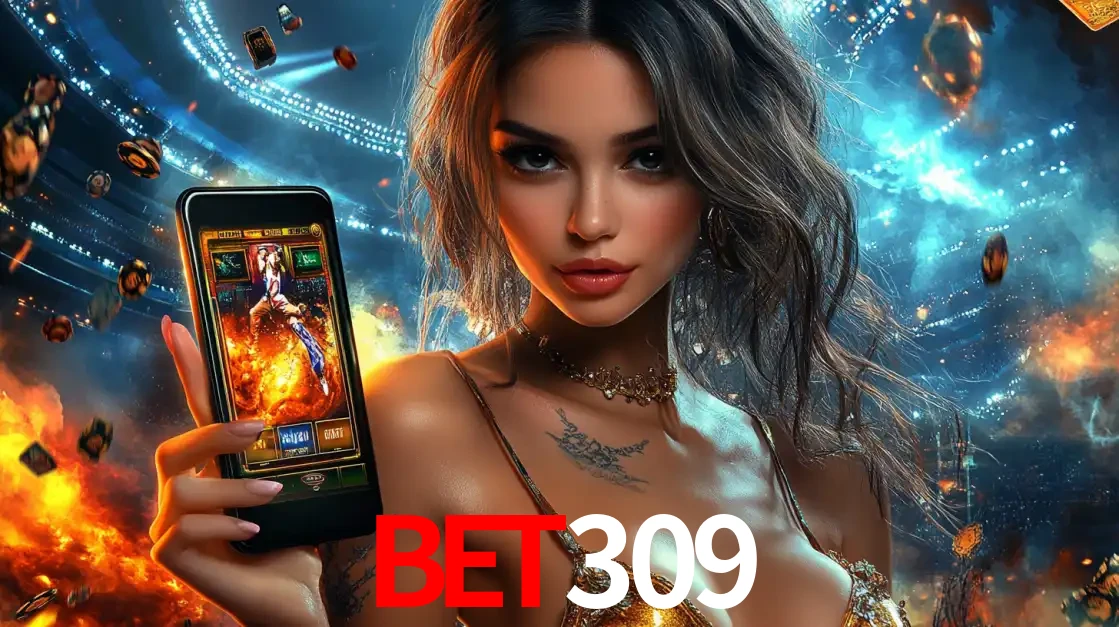 Mulher segurando um celular com um jogo de slot em destaque, tendo como fundo um estádio vibrante, simbolizando a emoção de jogar no cassino móvel bet309.