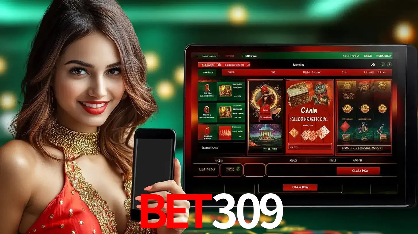 Mulher sorridente segurando um smartphone, ao lado de uma tela exibindo o lobby de jogos do cassino online bet309, com várias opções de jogos de cartas e slots.